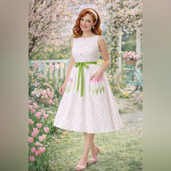 Unique Vintage Smak Parlour Pink Pin Dot Tulip Sleeveless Swing Dress, 1x, NWT! - Picture 4 of 16